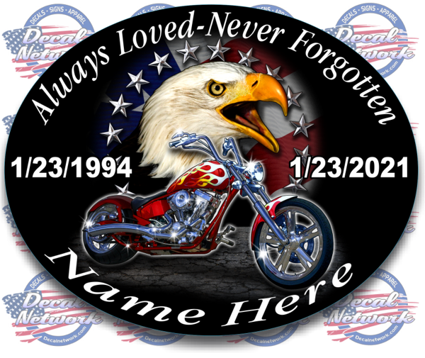 Always Loved-Never Forgotten Memorial oval vinyl decal motorcycle eagle American flag Qty. Discounts - RTC Trading Company