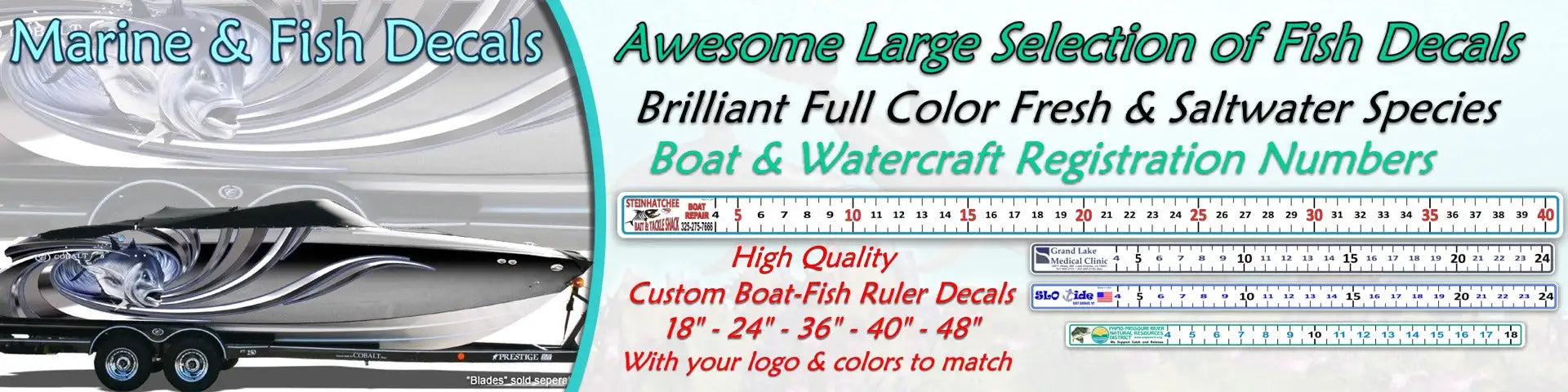 High-quality custom boat-fish ruler decals in vibrant full color, featuring detailed freshwater and saltwater species designs with measurement markings for 18’’ to 48’’, available in multiple sizes.
