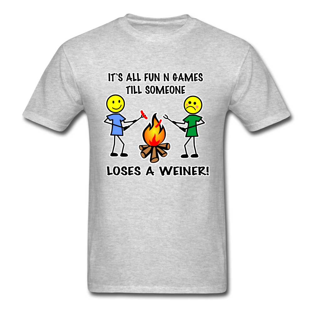 It's all fun and games till someone loses a weiner funny camping campfire tee shirt - heather gray