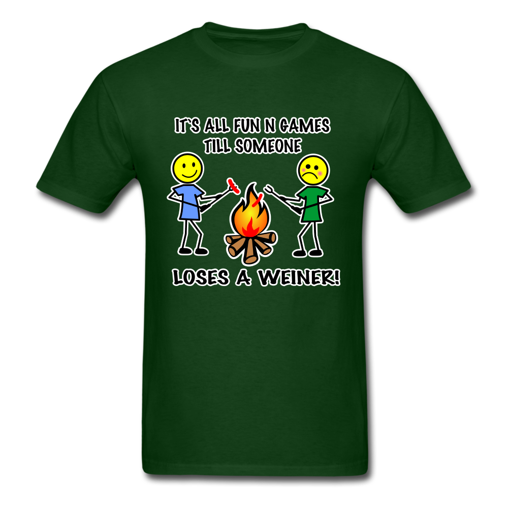 It's all fun and games till someone loses a weiner funny camping campfire tee shirt - forest green