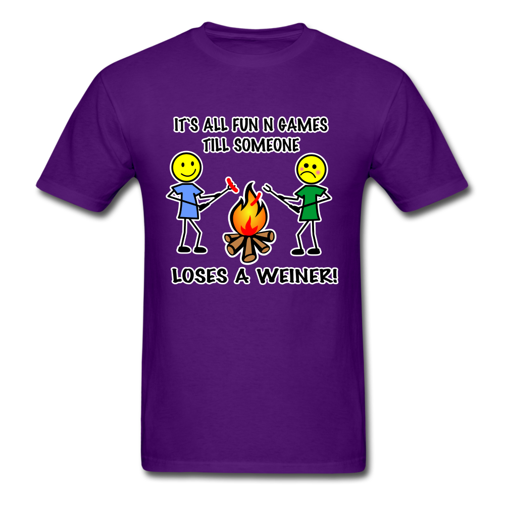 It's all fun and games till someone loses a weiner funny camping campfire tee shirt - purple
