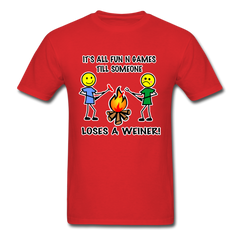 It's all fun and games till someone loses a weiner funny camping campfire tee shirt - red