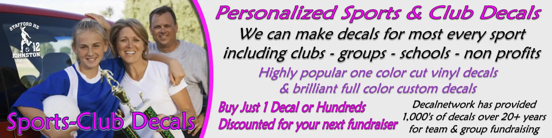 Personalized sports and club decals in vibrant, full-color vinyl with customizable designs for teams or groups.