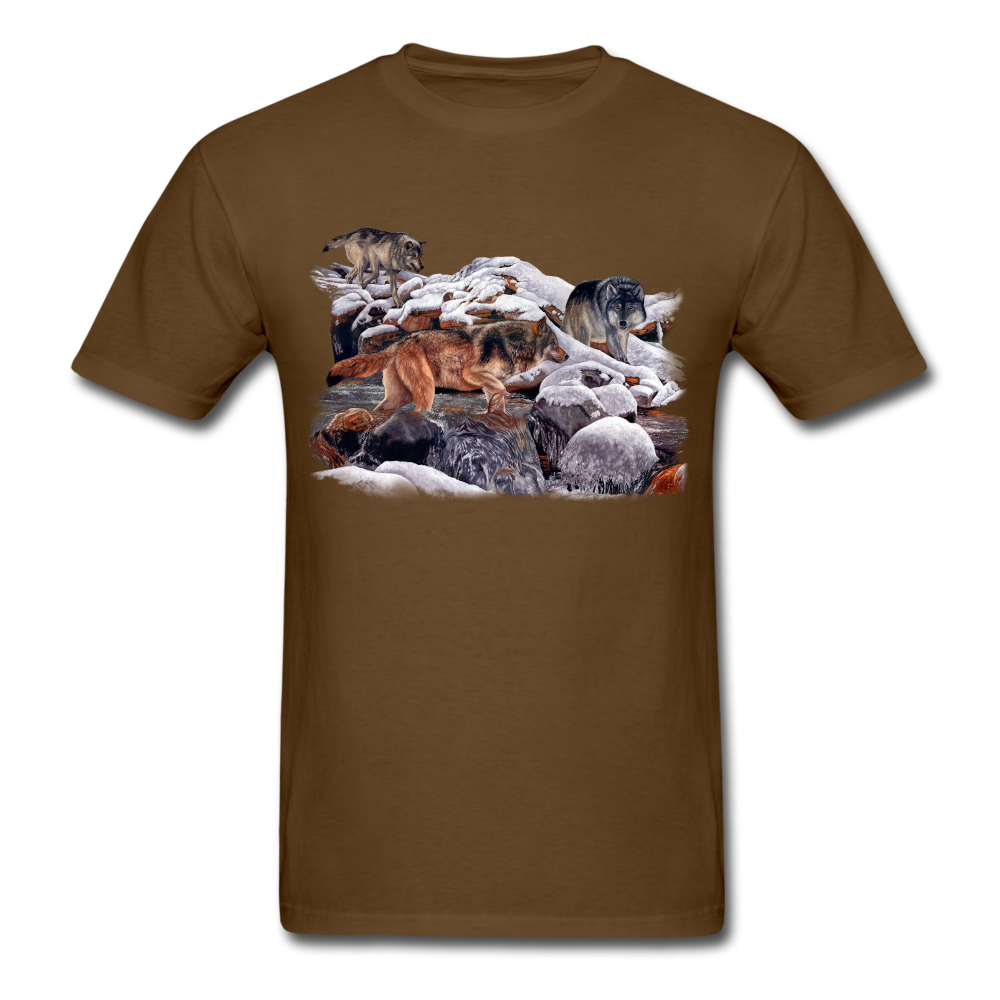 Wolves at the creek wildlife tee shirt - brown