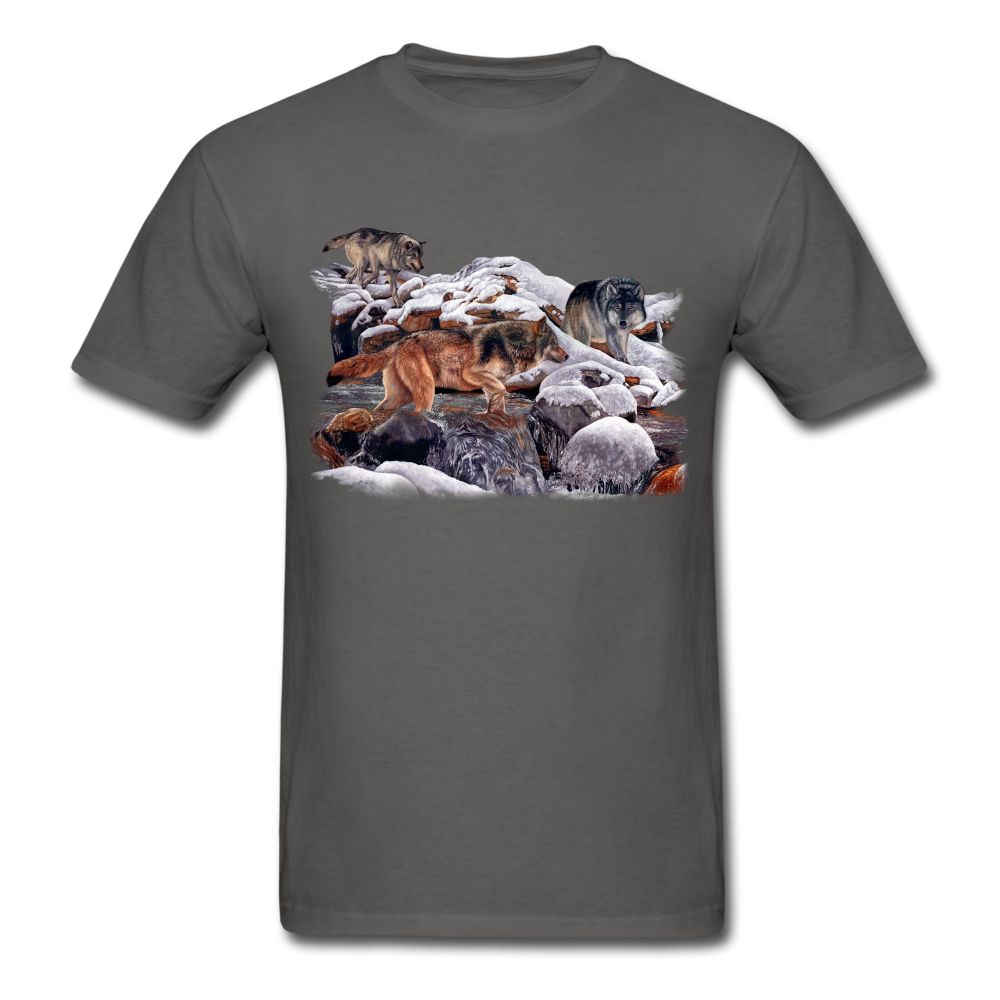 Wolves at the creek wildlife tee shirt - charcoal