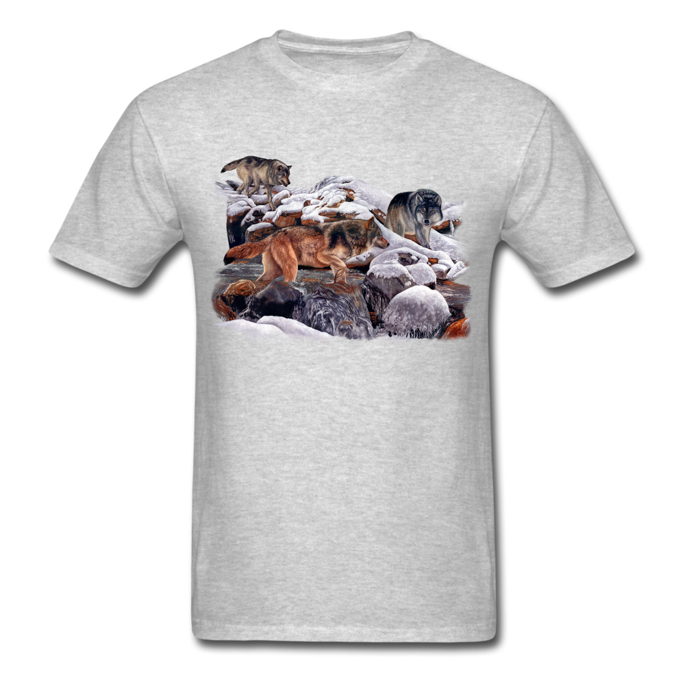 Wolves at the creek wildlife tee shirt - heather gray