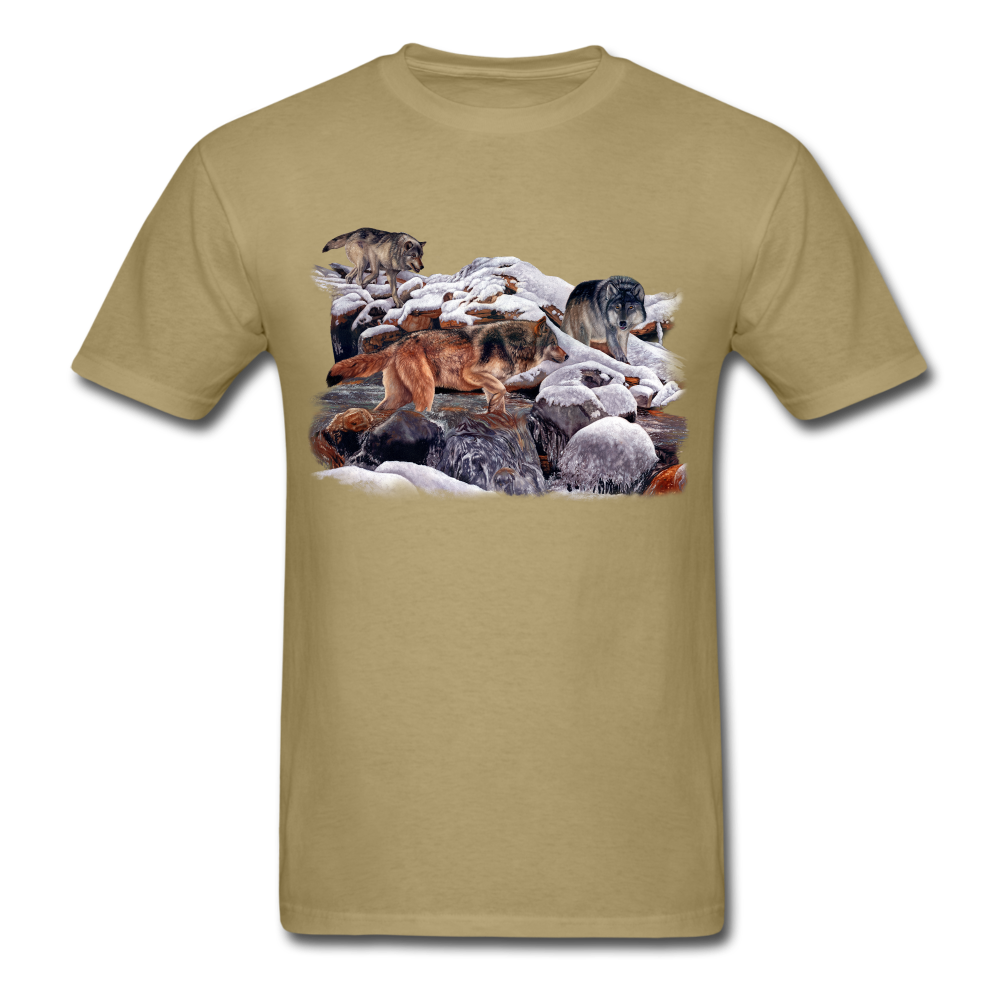 Wolves at the creek wildlife tee shirt - khaki