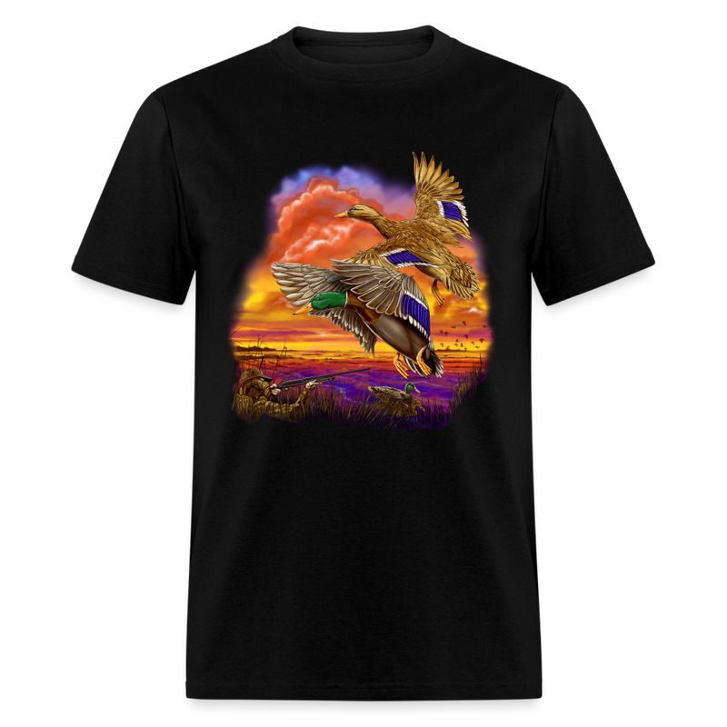 Mallards Flying sunset tee shirt - black