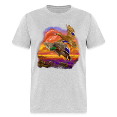 Mallards Flying sunset tee shirt - heather gray