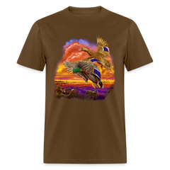 Mallards Flying sunset tee shirt - brown