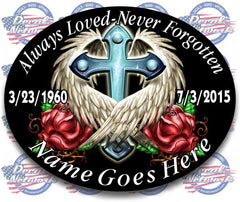 Always Loved-Never Forgotten Memorial oval vinyl decal Full color Wings with Cross Qty. Discounts - [Awesome_Decals]