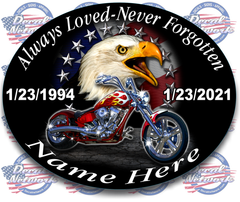 Always Loved-Never Forgotten Memorial oval vinyl decal motorcycle eagle American flag Qty. Discounts - RTC Trading Company