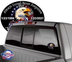 Always Loved-Never Forgotten Memorial oval vinyl decal motorcycle eagle American flag Qty. Discounts - RTC Trading Company