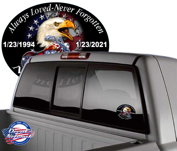 Always Loved-Never Forgotten Memorial oval vinyl decal motorcycle eagle American flag Qty. Discounts - RTC Trading Company