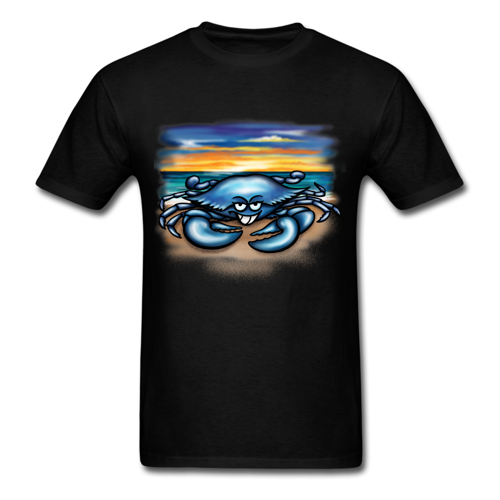 Blue Crab on beach tee shirt - black