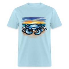 Blue Crab on beach tee shirt - powder blue