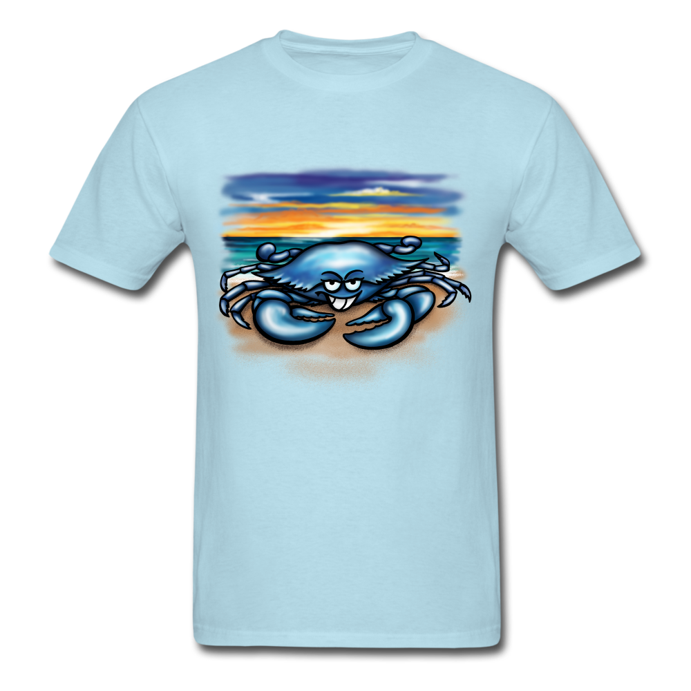 Blue Crab on beach tee shirt - powder blue