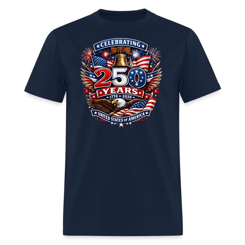 Celebrating 250 Years United States of America Patriotic 1776 - 2026 Liberty Bell Bald Eagle Flag Design - navy