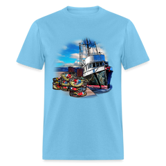 Crabbing Crab Boat tee shirt - aquatic blue