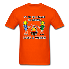 It's all fun and games till someone loses a weiner funny camping campfire tee shirt - orange