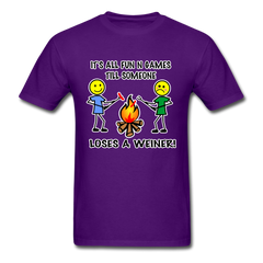 It's all fun and games till someone loses a weiner funny camping campfire tee shirt - purple