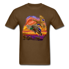 Mallards Flying sunset tee shirt - brown