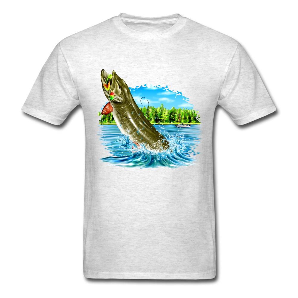 Muskie Fishing Lake tee shirt - light heather gray