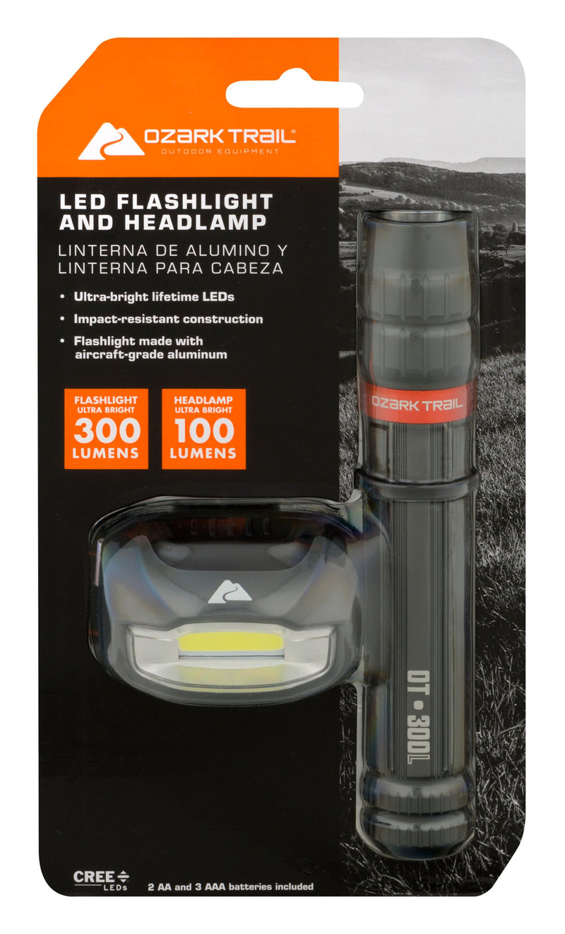 Ozark Trail 300 lumens led flashlight 100 lumens headlamp combo