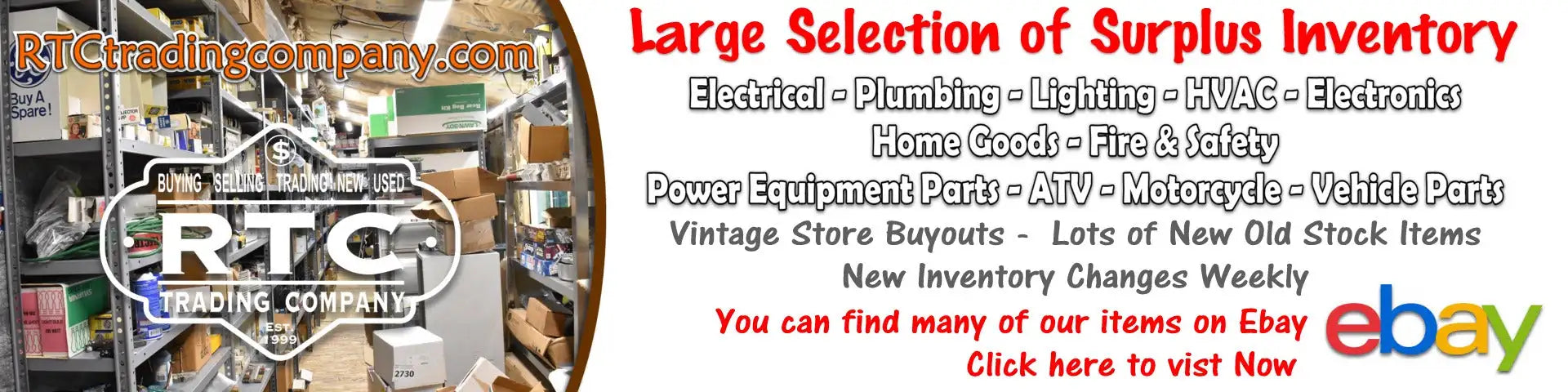 Rtc trading company surplus inventory banner featuring a collage of warehouse shelves stocked with electrical, plumbing, and home goods items.