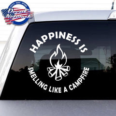 Happiness is Smelling Like a Campfire Circle Design Vinyl Decal window Sticker 6"x 6"